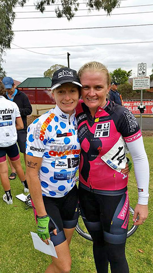 Kym with training buddy and mentor NRS Champion Ruth Corset. Ruth is wearing the King of the Mountain points Jersey which she won today.